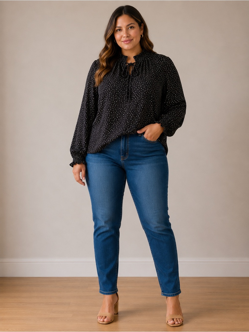 Women's Black Polka Dot Long-Sleeve Blouse with Ruffled Neck